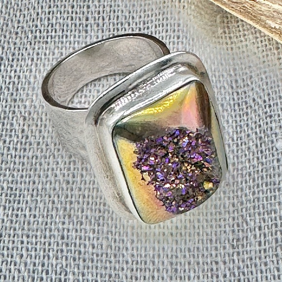Druzy Golden Quarts Rainbow Titanium Ring - Picture 3 of 6
